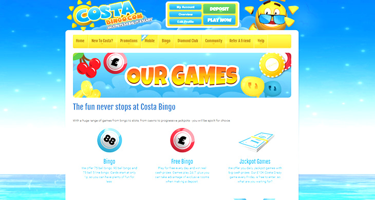 Costa Bingo Desktop Site